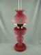 Oil Lamp, Pink Satin Glass Overlay, Acanthus Leaf Decor To Shade, Base & Font