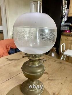 Oil Lamp with Round Etched Glass Shade Brass Antique