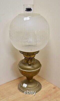 Oil Lamp with Round Etched Glass Shade Brass Antique