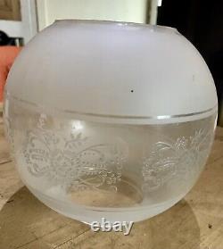 Oil Lamp with Round Etched Glass Shade Brass Antique