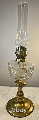Oil Paraffin Lamp Brass Base & Column, Clear Glass Font & Chimney 63 cmTall