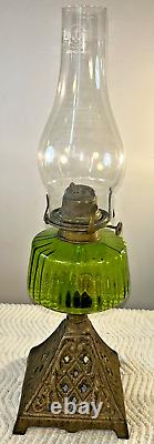 Oil Paraffin Lamp Cast Base Green Glass Font & Clear Glass Chimney 47 cm Tall