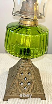 Oil Paraffin Lamp Cast Base Green Glass Font & Clear Glass Chimney 47 cm Tall