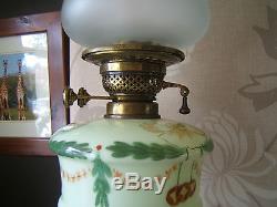 Oil lamp Victorian Green painted font $ shade stone base 25 tall brass stem OL1