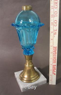 Old Antique SANDWICH Blue Flint Glass TULIP Font Brass Marble 12 Oil Lamp EAPG