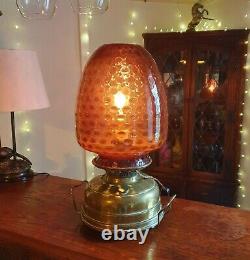 Old Antique Victorian Brass Oil Lamp Converted To Electric Amethyst Glass Shade