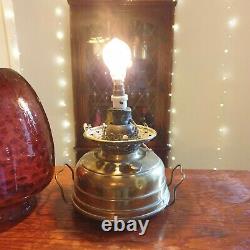 Old Antique Victorian Brass Oil Lamp Converted To Electric Amethyst Glass Shade