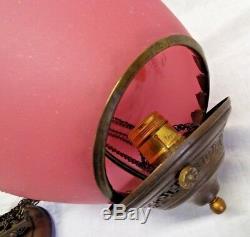 Old Antique Victorian PEACH BLOW GLASS HANGING HALL OIL LAMP SATIN Light FIXTURE