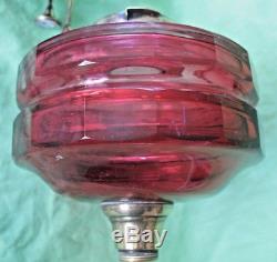 Old antique Victorian 2 tier facet cut Cranberry glass oil lamp font & burner