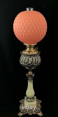 Orange Antique Brass and Glass Banquet Oil Lamp. GONE WITH THE WIND LAMP