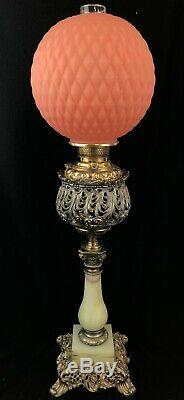 Orange Antique Brass and Glass Banquet Oil Lamp. GONE WITH THE WIND LAMP