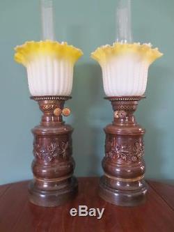 Orginal Pair Antique Victorian (c1890) Metal Oil Lamps- Satin Glass Tulip Shades