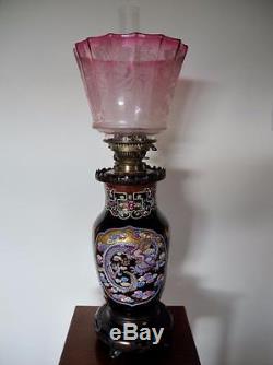 Oriental Antique Victorian (c1870) Black Dragon Oil Lamp-cranberry Glass Shade