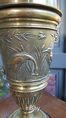 Original Antique Brass Oil Lamp Bees Herons Aesthetic Movement Victorian Duplex