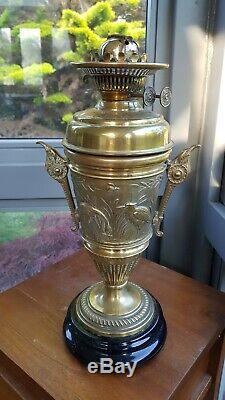 Original Antique Brass Oil Lamp Bees Herons Aesthetic Movement Victorian Duplex