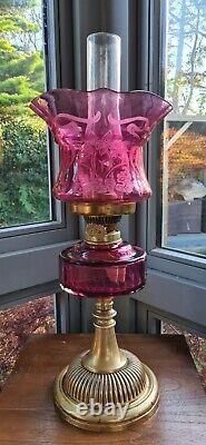 Original Antique Cranberry Glass Complete Working Oil Lamp Christmas Centrepiece