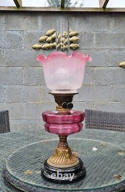 Original Antique Cranberry Pink Etched Glass Oil Lamp Font Complete Duplex