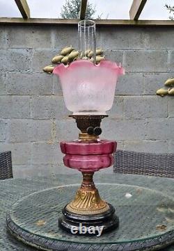 Original Antique Cranberry Pink Etched Glass Oil Lamp Font Complete Duplex