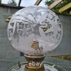 Original Antique Finely Deep Etched Glass Oil Lamp Shade INCLUDES Burner