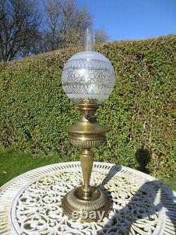 Original Antique Victorian Messengers Brass Table Oil Lamp & Original Shade