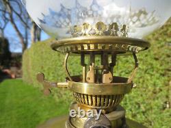 Original Antique Victorian Messengers Brass Table Oil Lamp & Original Shade