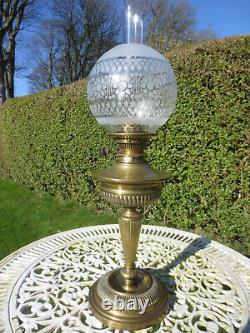 Original Antique Victorian Messengers Brass Table Oil Lamp & Original Shade