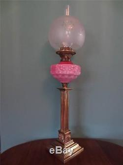 Original Antique Victorian (circa1860) Tutankhamun Oil Lamp Etched Glass Shade