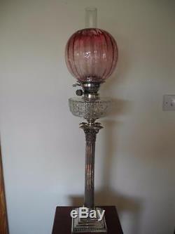 Original Antique Victorian(circa1890)silver Oil Lamp-cranberry Glass Tulip Shade