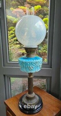 Original Blue Glass Hand painted font Opalescent glass shade duplex oil lamp
