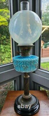 Original Blue Glass Hand painted font Opalescent glass shade duplex oil lamp