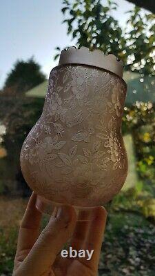 Original Butterfly Rose pink tinted Oil Lamp Shade acid crystal etched 2.5 fit