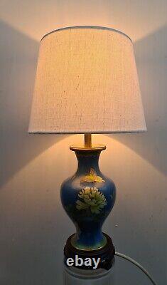 Original Champleve Cloisonne Chinese Table Lamp and Shade Butterflies Flowers