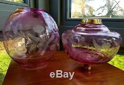 Original Cranberry Cut Glass Oil Lamp Matching Shade Font 39mm collar 21mm umnt