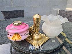 Original English Art Nouveau Victorian Pink Cased Glass Oil Lamp Font Shade