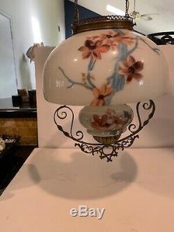 Original Hanging Oil Lamp Hand Painted Floral Victorian NICE! EARLY