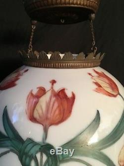 Original Hanging Oil Lamp c. 1870 Hand Painted Floral Victorian NICE! EARLY