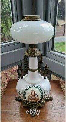 Original Hinks Victorian Cast Brass Base Opal Glass Oil Lamp Font Bayonet Burner