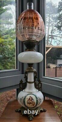 Original Hinks Victorian Cast Brass Base Opal Glass Oil Lamp Font Bayonet Burner