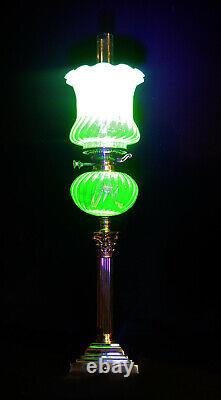 Original Rare Vintage Victorian C-1890s Brass & Vaseline Glass Duplex Oil Lamp