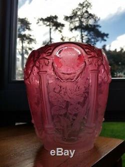 Original VICTORIAN Cranberry Glass Embossed cherub faces oil lamp shade 4 inch