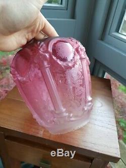 Original VICTORIAN Cranberry Glass Embossed cherub faces oil lamp shade 4 inch