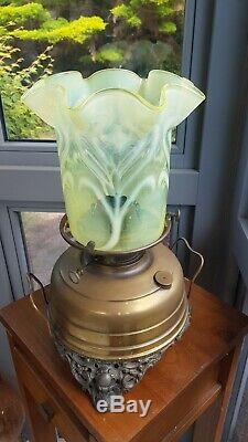 Original VICTORIAN Yellow Green Vaseline Glass Oil Lamp Shade & Huge Heater Lamp