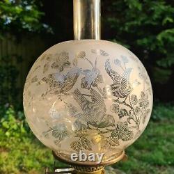 Original Victorian Aesthetic Movement Bird frosted oil lamp shade font Cast base