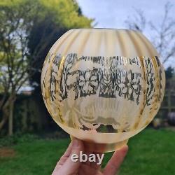 Original Victorian Amber Ribbed Glass Oil Lamp Shade Stencil Etched 4 Fitter A1