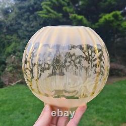 Original Victorian Amber Ribbed Glass Oil Lamp Shade Stencil Etched 4 Fitter A1