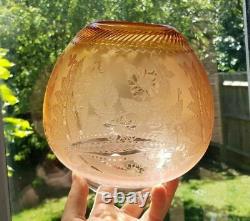 Original Victorian Amber cut glass crystal etched floral oil lamp shade 4 ins