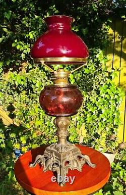 Original Victorian Amethyst Cased Glass Vesta Shade font oil lamp Bronze base