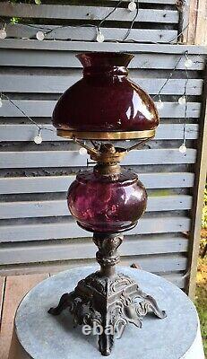 Original Victorian Amethyst Cased Glass Vesta Shade font oil lamp Bronze base