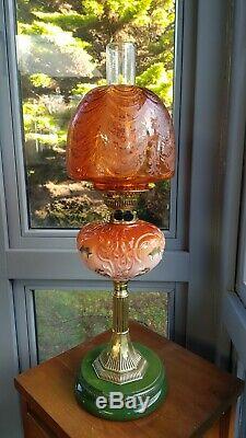 Original Victorian Arsenic Orange Etched glass shade Oil Lamp Font Burner Duplex