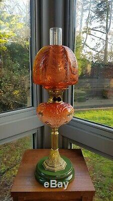 Original Victorian Arsenic Orange Etched glass shade Oil Lamp Font Burner Duplex